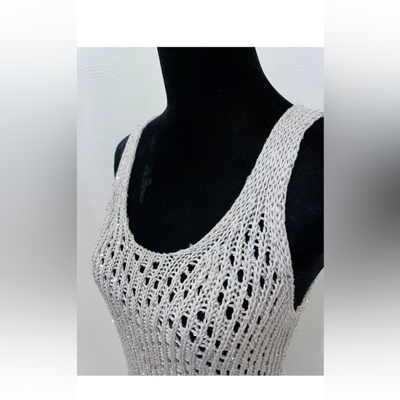 Eileen Fisher womens crochet open knit sequin sleeveless sweater XS gray cotton - Picture 7 of 9